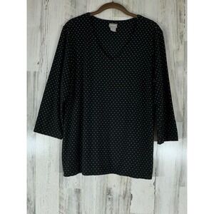 Chicos Black White Polka Dot Tunic‎ Top Size 2 or Large 3/4 Sleeve V Neck Soft